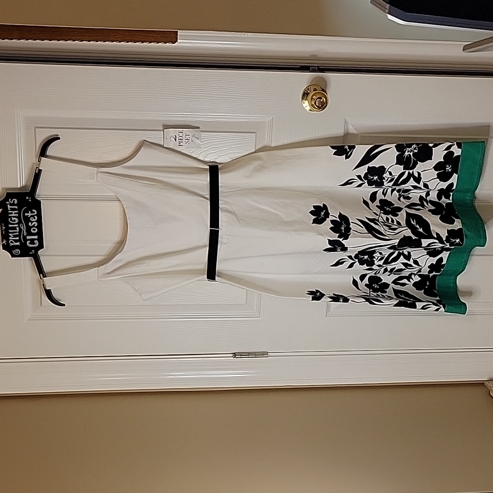 R&K Originals Dress 12 New Straps White Black Green Floral Belt
